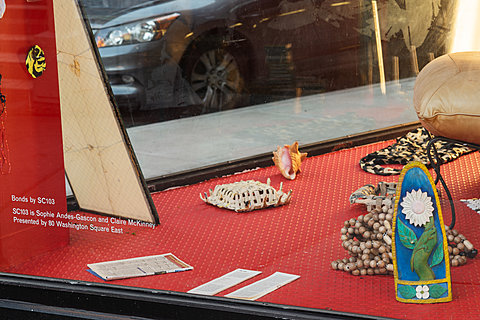 Various items, including a sea shell and a magazine sit on a red background in a corner window display.