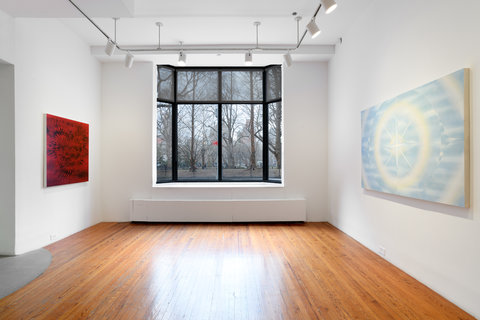 Installation view of two paintings in the exhibition on the right wall, a dark red painting. In the middle a large window lights up the entire room. On the right wall, there is a painting of concentric circles of blue and yellow. 