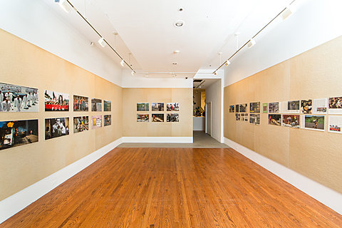 Printed color images hang in grids against a beige-colored gallery walls.