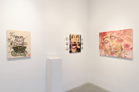 Installation view of four objects in the exhibition on two walls. On the right side wall, an anthropomorphic frog sits with its arms crossed as it wears human clothes. Next to the frog, a white pedestal sits on the ground with a clear box on top. The content of the box are illegible from the camera angle. Next to the pedestal, an abstract painting on panel is surrounding by six discs, three on each side. On the right wall, an abstract painting of faces in various pink pastels, hangs against a white wall. 