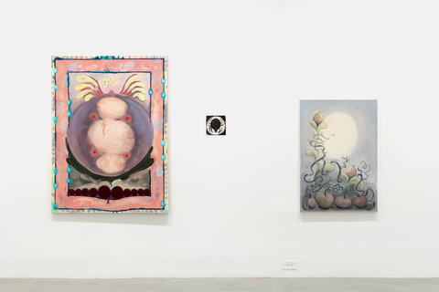Installation view of three paintings hanging on a white wall. The first painting is the largest of the three and features a pink border that encases strange, organic shapes. The shape resembles three very light pink orbs stacked on top of one another inside a large purple orb. The next painting is very small and features a close up drawing of a tick insect. The insect is black and sits inside a white circle against a black background. The final painting, on the right, isOn the left wall, there is a work featuring fruitlike objects in the foreground, on the bottom, from their stems emerges long twisting dark stems that twist on the large green leaves and flower in the middle ground. The bulbous green leaves and stems have buds at the top. A large moon like orb sits in the background of the image, shining a light on the plants, and fruit-like objects in the foreground. The rest of the background is soft blends of blues. 
