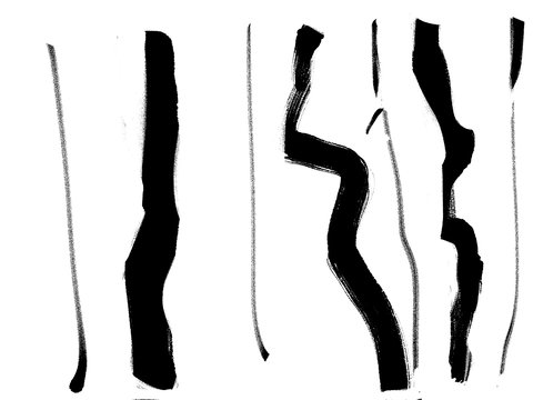 Image from the exhibition of white and black linear shapes alternating across a white background. Starting with white, then a skinny black line from top to bottom of the entire page, then a white break, then a thick jagged black line, then a white space, then a very thin black line, then a white space, and another jagged black line, then a white space, a thin black line with a short break it in near the top of the page, then a white space, a black, jagged thick line, a white space and then lastly a thin black line followed by a white space. 
