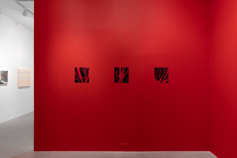 Installation view of the exhibition. On a bright red wall, a series of three drawings of red vein like lines are drawn against a black background. Another room in the exhibition can be seen off to the left side of the image; two works of art hanging on a white wall. 