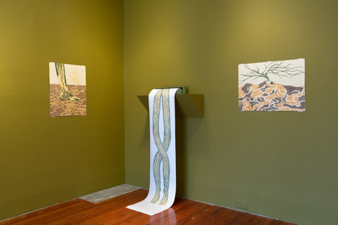 Installation view of three works in the exhibition. The wall is painted dark olive green. On the left wall is a drawing resembling a figure's leg from the knee cap down. The leg is green against a white background and is engulfed with squiggly, vein-like yellow lines. The lines also cover the floor in the drawing which is brown. The middle work features a drawing on a scroll that is placed on a shelf halfway up the wall. The scroll falls down to the floor, revealing a line design of two thick intertwining green lines with small yellow lines drawn inside it. The work on the right features a thin, undefined, green tree on a hill of dark brown and light orange/brown patches of dirt. White lines protrude from the bottom of the tree throughout the hill, resembling roots.  