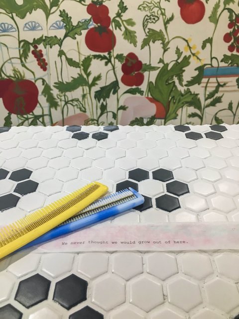 Close up image of a work in the exhibition featuring a blue and yellow comb sitting on black and white tile. On the tile, a piece of paper is sprawled out with the words, "WE NEVER THOUGHT WE WOULD GROW OUT OF HERE" in black type face. Behind the close up tile, there is a print of garden of flowers and vines. 