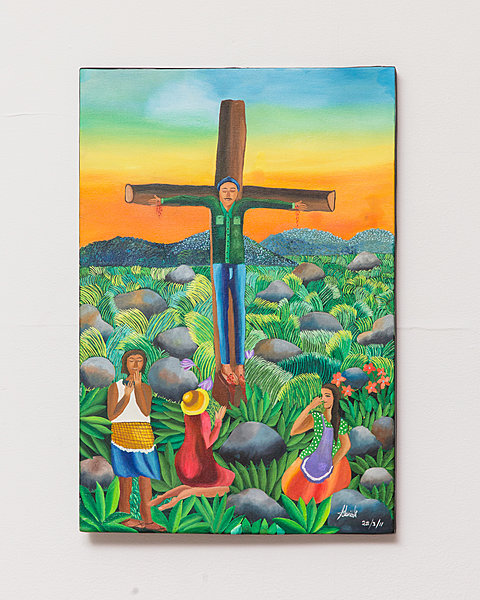 A painting of a crucified figure against a colorful sky. Three figures are in the foreground.