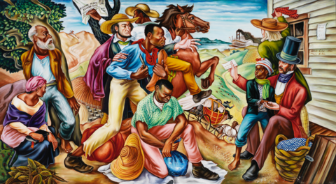 Image of the large mural in the exhibition. The mural features about twenty figures painted in bright, vibrant hues of all colors. The mural shows the figures engaging with one another, speaking, sitting across a table, animals, books, instruments, all in an outdoor setting. Crowded with vigorous, brightly attired individuals and spiced with telling details and background scenes, these imposing paintings — two measure 20 feet across — confer an inspiring optimism on different moments from African-American history. Each is a one-act play unto itself. 