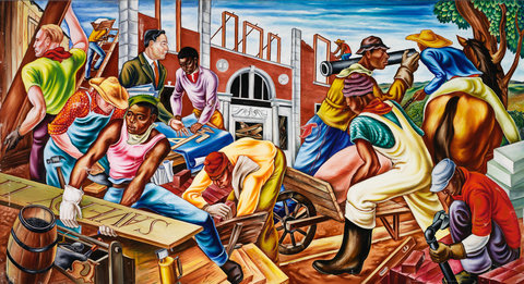 Image of the large mural in the exhibition. The mural features about twenty figures painted in bright, vibrant hues of all colors. The mural shows the figures engaging with one another, speaking, sitting across a table, animals, books, instruments, all in an outdoor setting. Crowded with vigorous, brightly attired individuals and spiced with telling details and background scenes, these imposing paintings — two measure 20 feet across — confer an inspiring optimism on different moments from African-American history. Each is a one-act play unto itself. 