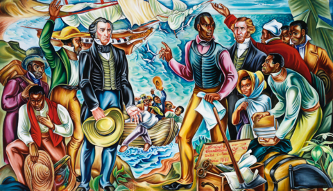 Image of the large mural in the exhibition. The mural features about twenty figures painted in bright, vibrant hues of all colors. The mural shows the figures engaging with one another, speaking, sitting across a table, animals, books, instruments, all in an outdoor setting. Crowded with vigorous, brightly attired individuals and spiced with telling details and background scenes, these imposing paintings — two measure 20 feet across — confer an inspiring optimism on different moments from African-American history. Each is a one-act play unto itself. 