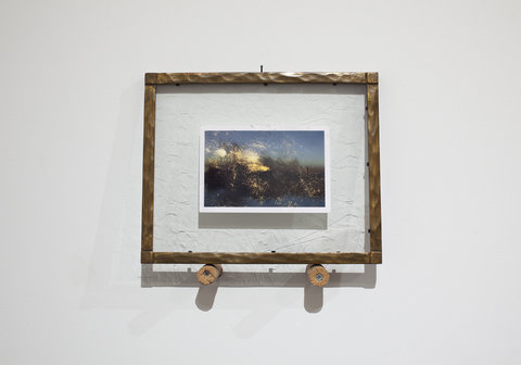 Image of single work from the exhibition. The photograph is surrounded by a wood frame. The photograph exhibits and abstract image of a blurred forrest scene. 