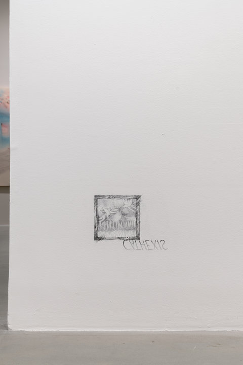 Image of a sketch directly drawn onto the wall, about a foot from the ground. 