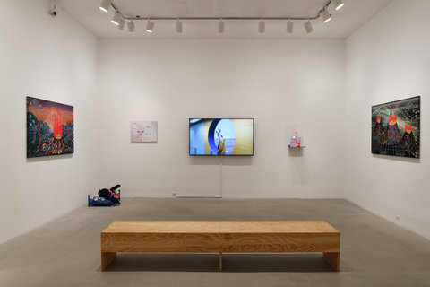 There is a room with white walls and a concrete floor. In the middle of the room is a wooden bench. The wall in front of the wooden bench has a TV centered on it and is playing a short film. To the left of the TV there is a pink and blue art piece hanging on the wall. To the right of the TV there is a small sculptural piece sitting on a platform coming off the wall. On the walls to the right and left of the bench there are two woven textile pieces stretched over a frame that face each other. In the left bottom corner of the room there is a small sculptural piece that includes a bed and a cat stuffed animal. 