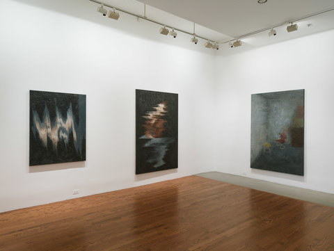 Installation view of three paintings in the exhibition. All three paintings are large, dark and blurred. 