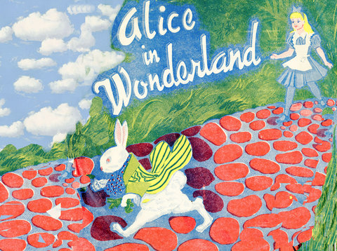 Image with title, 'Alice in Wonderland' featuring a outside scene with a blue sky, dotted with clouds an green foliage. Alice, from 'Alice and Wonderland' in a blue and white dress comes down a red stone pathway following a white rabbit wearing a green scarf. 