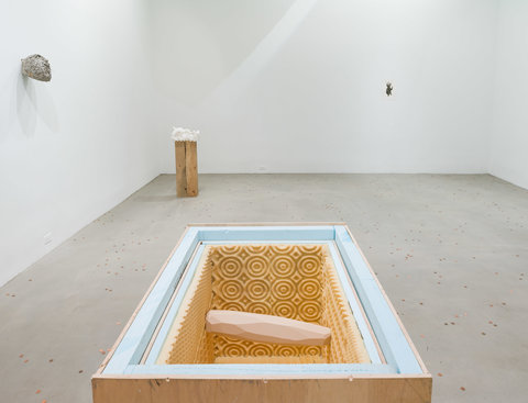 Installation image featuring a sculpture in the exhibition. From the camera view, there is a wooden box with a carved out section inside to reveal a hollow space. Inside the space, sits spirals carved into foam which lines the sides of the box. 