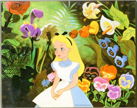 Image of Alice from 'Alice in Wonderland' in a blue dress, white apron, and black hair bow surrounded by a background of various flowers and plants. 