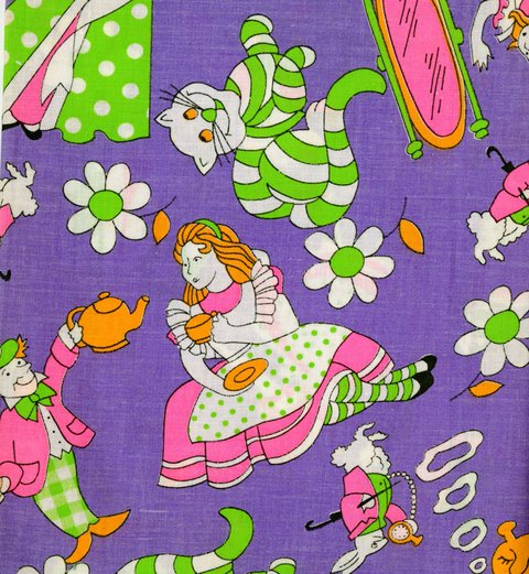 Various cartoon characters from 'Alice in Wonderland' and flowers in pink, white, orange, green, and black, floating around a purple background. The characters include the Cheshire Cat, Alice, The Mad Hatter, the White Rabbit, and the caterpillar.  