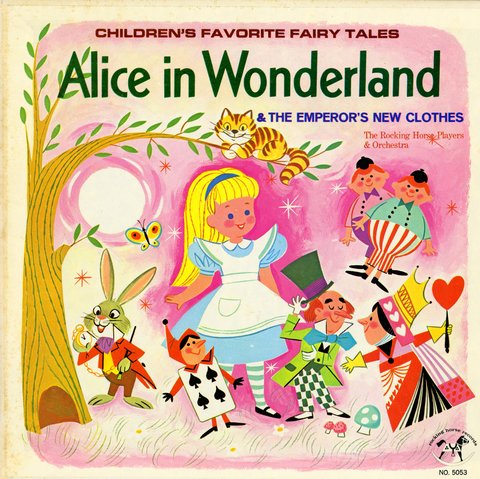 Image from the cover of an 'Alice in Wonderland' book. The cover features a girl wearing a blue dress, white apron, with long blond flowing hair. Various characters from the book are outlined and drawn beside her.  