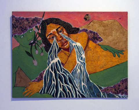 Mixed-media work featuring a figure laying on a natural landscape of green and brown colors. A red sky is in the background. The figure looks out at the audience as streams of blue, ocean-like collage pour out of their eyes. The green of the ground is also a figure that looks a the crying figure from the left side. The green figure holds hair from the crying figure in its mouth. 
