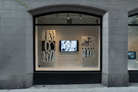 Installation view from outside the windows featuring three prints hung vertically on the left side of the window, a video installation in the center, and another two prints hung vertically on the right. 