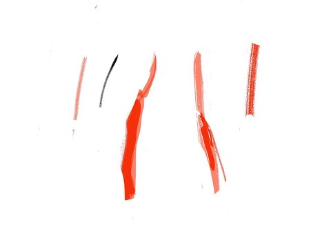 Image of a piece from the exhibition featuring several colored lines. From left to right, the first line is a short, small red line, then a short blue light then a large red streak and another large red streak and then a short red streak against a white background.   
