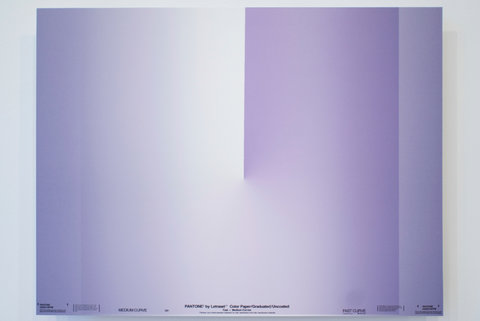 Image of a work in the exhibition featuring several hues of light purple. On the bottom of the work in black lettering, it says, "PANTONE BY LETRASET, COLOR/PAPER/GRADUATED/UNCOATED." The rest of the words are blurry and illegible from the camera angle. 