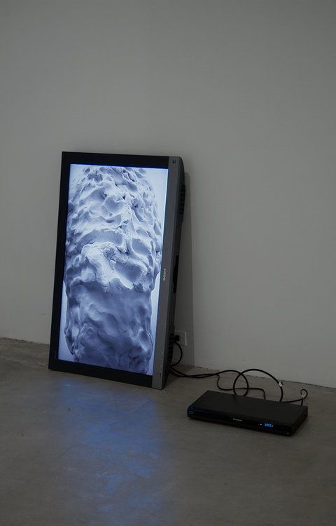 Installation image of a light-up frame on propped up against the white gallery wall. The frame features an image and is backlit of black and white molded clay. 