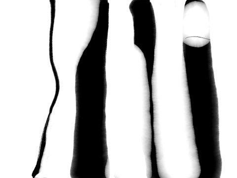 Image from the exhibition featuring four black streaks vertically parallel to one another against a white background. The streaks are organized from left to right, with a small thin line, a thicker black line, a thick line that tapers into a smaller line towards the bottom and a thick line with a break at the top. 