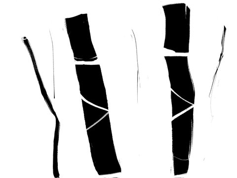 Installation view of a work in the exhibition featuring vertical black streaks against a white background arranged in the order of thin, two thick, and then a small faint streak. 