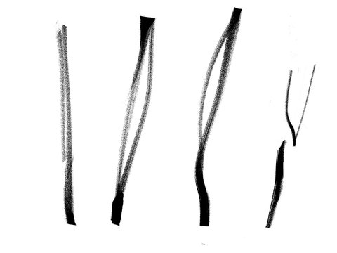 Image of a work in the exhibition featuring four black streaks across a white background vertically.