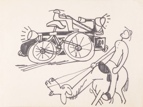 Image of a cartoon sketch from the exhibit featuring a figure on an old fashioned car as well as a figure riding a camel. 