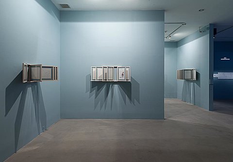 A framed series of graphite drawings are hung on a blue gallery wall.