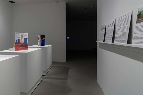 Installation view of the exhibition featuring three white pedestals on the left side of the image, topped with paper pamphlets. On the left, several pieces of white paper with black typed font, sit on a white ledge against the white wall, but are illegible from this angle. 