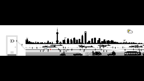 Black and white drawing of city scape in background with highway in foreground with cars and trucks traveling throughout. Between the city and road, there is a river. Many boats float on the river.  All figures and shapes are drawing simply, using only outline or silhouette. On the left there is a staircase and small stick-figures walk up into a very large outline of a doorway. Three stick figures walk on the path next to the river with speech bubbles that include one heart emoji, an ascending bar graph, and money signs. On the top-right corner of the image is a sun and cloud. The sun is yellow. 