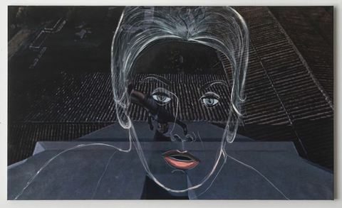 Image from the exhibition. A black and white drawing of a woman is superimposed over an image of rooftops. A man falls headfirst in the background, behind the outline of the woman's head. Only her eyes and lips include brush strokes of color. The woman's head stares straight ahead, with her lips slightly parted.