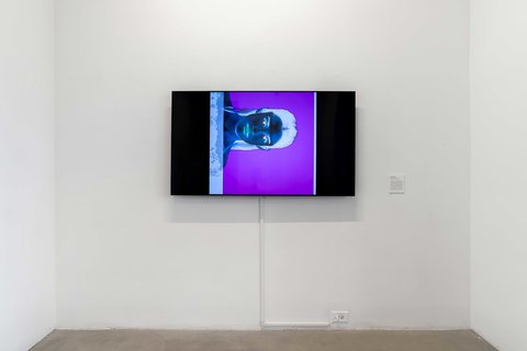 Installation view of one wall in the exhibition featuring a video monitor installed on the wall. The still on the screen from the image consists of a face of a women that appears to be a negative image, with a purple color filled background.