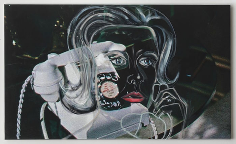 Image of a artwork in the exhibition. The drawing of the woman is in black and white, only her lips and eyes show a mere ounce of color. The image is blended and superimposed with an image of an old-fashioned telephone. The brushwork of the art is very visible and the woman seems to look into the distance with a concerned look on her face. 