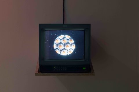 Close up image of a video monitor in the exhibition. The video monitor is hung on a white wall. The still on the screen from the image consists of a white circle against a black background. The circle is shiny and has various other circle inside it. 