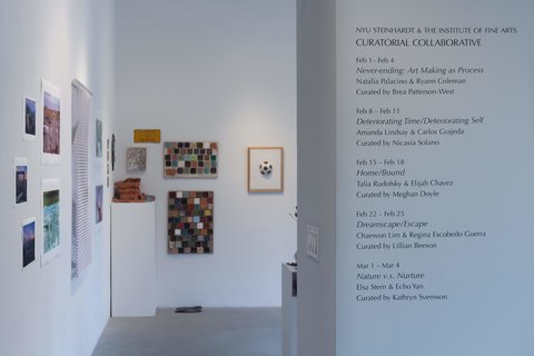 Installation view of the exhibition from the entrance of the gallery. On the right, a list of exhibitions is plastered to the wall in black vinyl text. On the left, one can peer into the gallery. The left wall is at an angle that is illegible from the camera's angle, however, the back wall consists of several paintings, drawings, and a pedestal. 