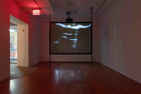 Installation view of the video installation in the gallery space. The room consists of one large space with a large projector a the end. On the left, a doorway lets in light to another room, on the right, a white wall sits in the shadows. 