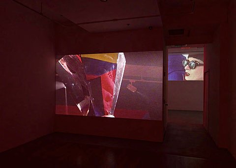 Two large projections can be seen, one in an adjacent gallery room down the hall from the other.