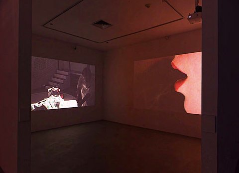 Two projections can be seen on two perpendicular gallery walls. One shows a pair of lips speaking.