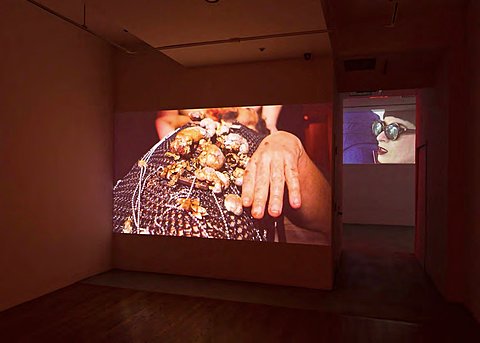 Two large projections can be seen, one in an adjacent gallery room down the hall from the other.