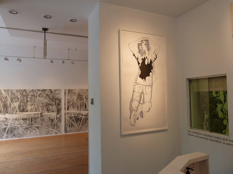 Installation view of the exhibition featuring several drawings mounted to three different walls. On the left, in the background, there are a large mural of ballpoint pen drawings that feature forest settings. In the foreground, a drawing of a figure kneeling from the back with their hands clasps around the back of their head. On the very right, a small window like structure is mounted into the wall. 