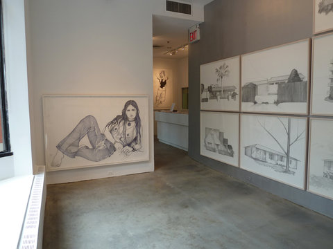 Installation view of two walls in the exhibition featuring an array of ballpoint pen drawings. On the left, a large window, off camera view, lets in a wash of light into the exhibition space. On the back wall, a large black and white ballpoint pen drawing of a lounging figure is mounted to a white wall. On the right wall, a series of two by two large drawings are mounted against a grey wall. The drawings feature several sketches of different houses. 