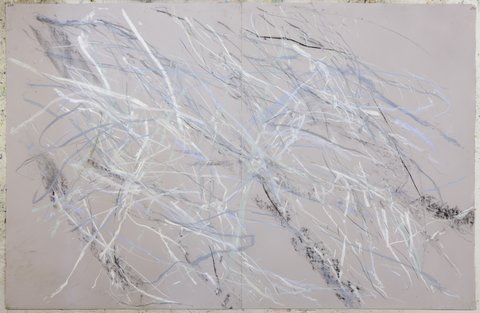 Image of a work in the exhibition featuring, a sparse background of what seems to be canvas materials with several chaotic white and grey and black lines scribbled across it intertwining with one another. 