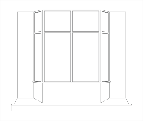 Sketch outline image of the windows at 80 Washington Square East featuring for panels of windows two on the sides, and two in the middle. 