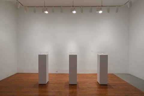 Installation image of three white pedestals, spaced evenly apart, on a brown wood floor. Three spotlights hang over the pedestals. 