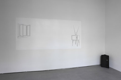 Image of a work on the wall. The work has sketch of an old fashioned antenna television on the right and a sketch of an open window on the left. In the corner of the room is a black, rectangular object.   