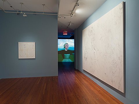 Two large framed graphite drawings hang on a gallery's blue walls. Down a hallway can be seen a projected still from The Sound of Music.